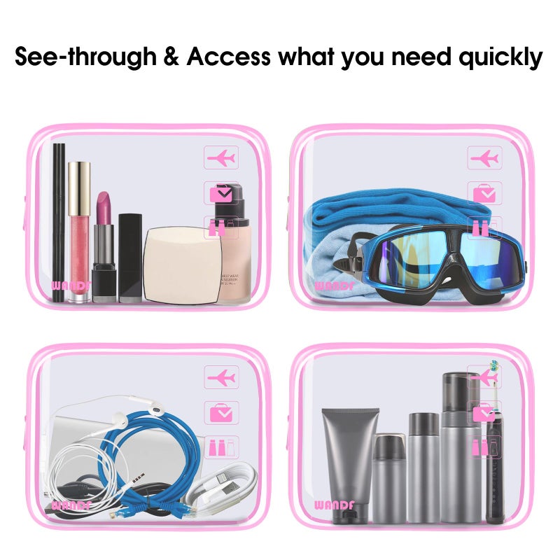WANDF TSA Approved Clear Travel Toiletry Bag wih Zippers Carry-on Travel Accessories Quart Size Toiletries Cosmetic Pouch Makeup Bags for Men and Women (2pcs Pink) - Image 5